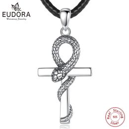 Necklaces Eudora 925 Sterling Silver Ancient Egyptian Ankh Cross Necklace for Women Man Fine Snake Amulet Pendant Personality Jewellery Gift