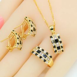 Necklaces Geometric Black White Multi Zirconia Gold Colour Jewellery Set for Women Hoop Earrings Necklace Pendant Rings Gift Box