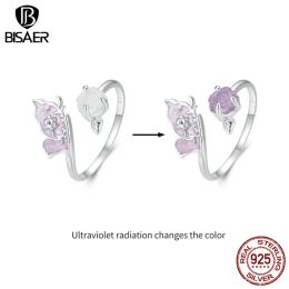 Rings BISAER 925 Sterling Silver Purple Magenta Butterfly Open Ring Size 59 Colour Changeable Flower Band for Women Party Fine Jewellery