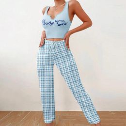 Women's Sleepwear Pyjamas Set Letter Print Cami Tops Nightwear 2 Pieces Soft Comfortable Homewear Chequered Printed Pyjama Pants