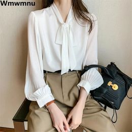 Bow White Fairy Chiffon korean Shirts Womens Long Sleeve Tops Work Wear Lightweight blousa Korean casual Elegant Blouses 240220