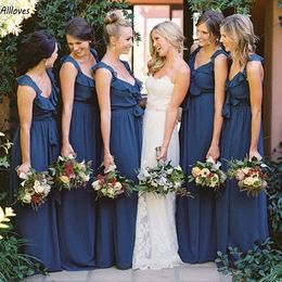 Delicate Navy Blue Chiffon A Line Bridesmaid Dresses Long Floor Length Simple Maid Of Honor Gowns Plus Size Ruffles Women Wedding Guest Party Formal Dress CL3313