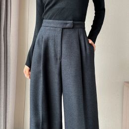 Capris Chic Women Casual Loose Straight Woollen Thicken Suits Pants 2023 Autumn Winter Office Ladies High Waist Wide Leg Trousers WP45