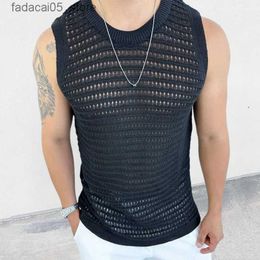 Men's Tank Tops Hip Hop Men Tank Top Knitted Hollow Out Breathable Loose Vest Mens Y2K Mesh Crochet Knit Tops Sleeveless Transparent Sexy Tanks Q240221