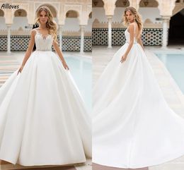 Modern White Satin Ball Gown Wedding Dresses Lace Appliqued Crystals Belt Boho Garden Bridal Gowns Puffy Princess Sexy Backless Women Bride Robes de Mariee CL3310
