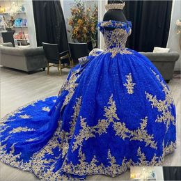 Quinceanera Dresses 2024 Blue Shiny Dresses For Sweet 15 Year Y Off The Shoder Puffy Ball Gown Lace Appliques Beads Princess Drop Deli Otu0N