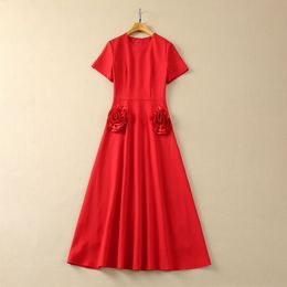 2024 Summer Black / Red Solid Colour 3D Flowers Panelled Dress Short Sleeve Round Neck Midi Casual Dresses S4F210221