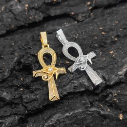 Pendants Ancient Egyptian Amulet Ankh Cross Bling CZ Stone 18k Gold Color Plated Eye Of Horus Pendant Necklace For Men