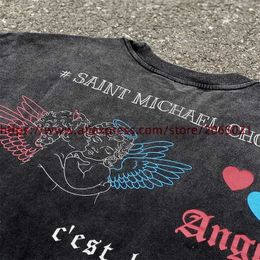 Men's T-Shirts SAINT MICHAEL Bubble Angel Limited Digital Direct Inkjet Printed T-shirt Mens Vintage Top Wash T-shirt J0221