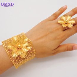 Bangles Dubai Gold Color Bangle&Ring For Women Charm Chain Cuff Bracelet Indian Bracelet Arabic France Bridal Wedding Jewelry Gifts