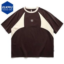 Men's T-Shirts Retro mens oversized T-shirt with color lock splicing loose casual cotton T-shirt 2023 summer mens street clothing hip-hop T-shirt J240221