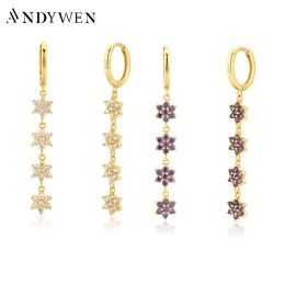 Earrings ANDYWEN 925 Sterling Silver Flower Six Zircon Drop Earring 8.5mm Women Fashion Luxury Jewellery Wedding Crystal Jewels Rock Punk