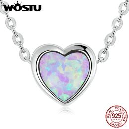 Necklaces Wostu 925 Sterling Silver Purple Pink Opal Heart Charming Chains Necklace for Women Luxury Brand Lovely Fine Jewellery Gift FIN471