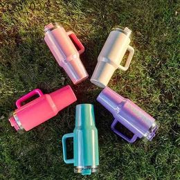 Water Bottles 40oz 304 Stainless Steel Rainbow Paint Car Ice Cream Cup Large Capacity Handle Insulation Cup Outdoor Sports Thermos Bottle YQ240221