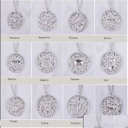 Pendant Necklaces New S925 Sterling Sier 12 Zodiac Necklace Gold Plated Embossed Coin Clavicle Chain For Women Men Jewellery Gift Drop D Dh0Sw