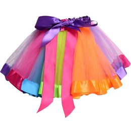 Summer Fashion Girls Rainbow Tutu Skirt Mesh Colorful Ballet Short Skirt Dance Performance Puffy Skirt Kids Birthday Party Skirt