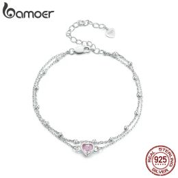 Bangles Bamoer 925 Sterling Silver Double Layer Bracelet Barbie Pink Heart Adjustable Chain Link for Women Valentine's Day Gift