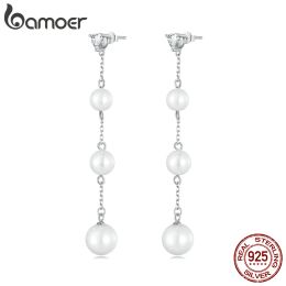 Earrings BAMOER 925 Sterling Silver Shell Imitation Pearl Dangle Earrings Chain for Women Girls Elegant Long Tassel Dangle Earrings