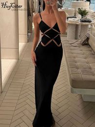 Two Piece Dress Hugcitar 2024 Spring Solid Slips V Neck Hollow Out Backless Sexy Bodycon Maxi Dress Women Fashion Outfits Birthday Vacation Y2KL2402