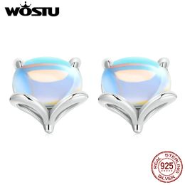 Earrings WOSTU Solid 925 Sterling Silver Rainbow Moonstone Cute Fox Stud Earrings For Women s925 Ear Studs Fine Jewelry Pendientes E1386