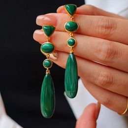 KQDANCE Real 925 Sterling Silver With Natural Gem Stone Green Malachite Long Slim Tear Drop Earrings Fine Jewelry For Women 240220