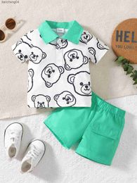 Clothing Sets Baby Boys Summer Short Sleeve Bear Print Contrast Collar Polo and Flap Pocket Shorts Set