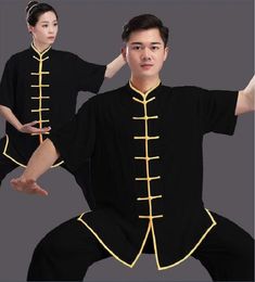 Wholesale New Chinese Traditional Men Women Short Sleeve Kung Fu Suit Casual Outdoor Sport Clothing Unisex Tai chi Wushu Uniform Jacket Pants Sets