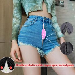 Jeans Invisible Open Crotch DoubleStart Zipper Jeans Women's A Line Super Short Shorts Women's Summer High Waist WideLeg Pant Black