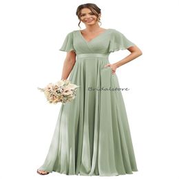 Boho Mint Green Bridesmaid Dresses With Flutter Sleeves Sexy V Neck Floor Length Chiffon Maid Of Honor Pink Wedding Guest Party Vestidos Festas Robes Soiree 2024