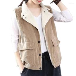 Women's Vests Retro Corduroy Waistcoat Women Jacket Plus Velvet Thick Lamb Wool Sleeveless Coat Ladies Autumn Winter Female Vest Tops