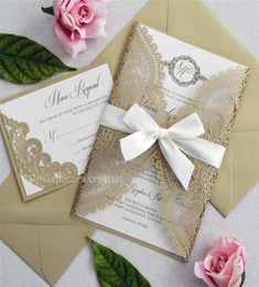 GOLD CHANTILLY LACE Laser Cut Wrap Invitation Elegant Laser Cut Wedding Invitation with Ivory Shimmer Insert and Ivory Ribbon Bo3533953