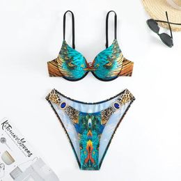 Women's Swimwear XS-XXL Sexy Peacock Leopard Print High Waist Push Up Bikini Set Two Pieces Swimsuit Beachwear Bathing Suit Biquini