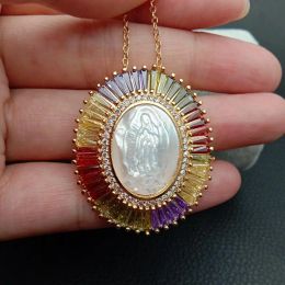Pendants YYGEM Religious style White Shell Virgin Mary Rainbow CZ Micro Pave Oval Pendant necklace