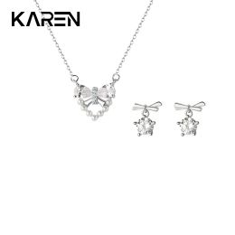 Sets KAREN 925 Sterling Silver Cubic Zirconia Bow Pearl Heart Pendant Necklace and Earrings Set Luxurious Women's Gift Box Set