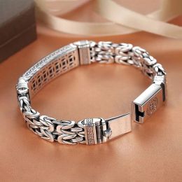 Bangles Style Retro 925 Silver Bracelet Woven Snap Double Rows Row Square Chain SixCharacter Mantra Bracelet Men Party Jewellery Gift