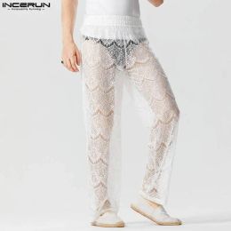 Pants Men Pants Lace Mesh Transparent Elastic Waist Sexy Vacation Trousers Men Streetwear Loose 2023 Fashion Pantalon S5XL INCERUN