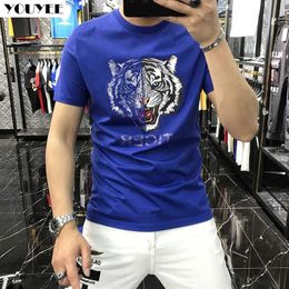 Men's T-Shirts Mens T-Shirt Rhinestones Design Tiger Head printing Hip Hop Street Short Sleeve Plus Size Streetwear O Neck Male Top clothing J240221