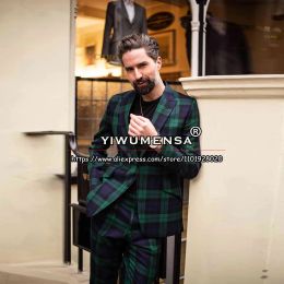 Suits Tailored Made 2 Pieces Suits Men Slim Fit Green Plaid Cheque Single Breasted Jacket Pants Smoking Business Male Fashion Blazers