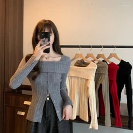 Women's T Shirts Square Neck Knitted Sweater Women Split Temperament Slim Long Sleeve Top
