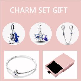 Strands 5pcs/lot Silver 925 Original Blue Evil Eyes Charm Set Hand of Fatima Bracelet With Pink Box Wedding Anniversary Jewelry Gift