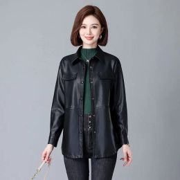 Jackets M3XL Sheepskin Leather Jackets Women's Long Coat Spring And Autumn Casual Simple Commuter Black Stand Collar Real Leather Coats