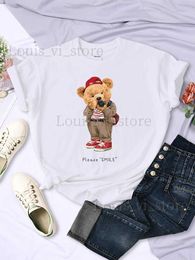 Women's T-Shirt Please Smile When You Are Taking Photos Teddy Bear T-Shirts Women Creative O-Neck Casual Short Sleeve Breathable Womans Clothing T240221