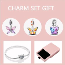 Bangles 5pcs/lot Silver 925 Original Colour Butterfly Charm Set Bracelet With Pink Box Wedding Anniversary Jewellery Mother's Day Gift