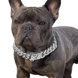 Collars Metal Silver Dog Collar 14mm Width Stainless Steel Dogs Cuban Link Chain Small Big Pet Dogs Walking Training Collar Choke