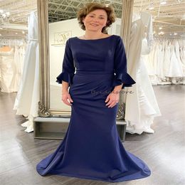 Simple Navy Blue Mother Of The Bride Dresses 2024 Elegant Mermaid Scoop Floor Length Wedding Guest Dress With Sleeves Evening Formal Special Occasion Wear 2023