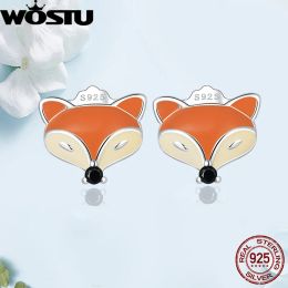 Earrings WOSTU Solid 925 Sterling Silver Small Stud Earrings For Women Cute Orange Fox Ear Studs s925 Fine Jewellery Gift For Girl FIE1425