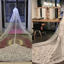 Lace Applique Elegant Wedding Veil Beaded Cathedral Length One-Layer 3 M Long Bride Veil White Ivory Applique Edge Velo De Novia Elegante