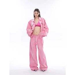 Jackets Chic Personality Sweetheart Pretty Pink Denim Jacket + Wide Leg Pants Suit Jeans Suit Women Fashion High Street Coat