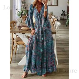 Basic Casual Dresses Women Retro Boho Dress Summer Sexy V-neck Long Flare Sleeve Flowral Print Pleated Long Dress Female Casual Holiday Maxi Dresses T240221