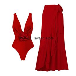 Women's Swimwear 2024 New V Neck One Piece Swimsuit For Women 3D Flower with Skirt Bathing Suit Monokini Beach Bodysuit WearH24221